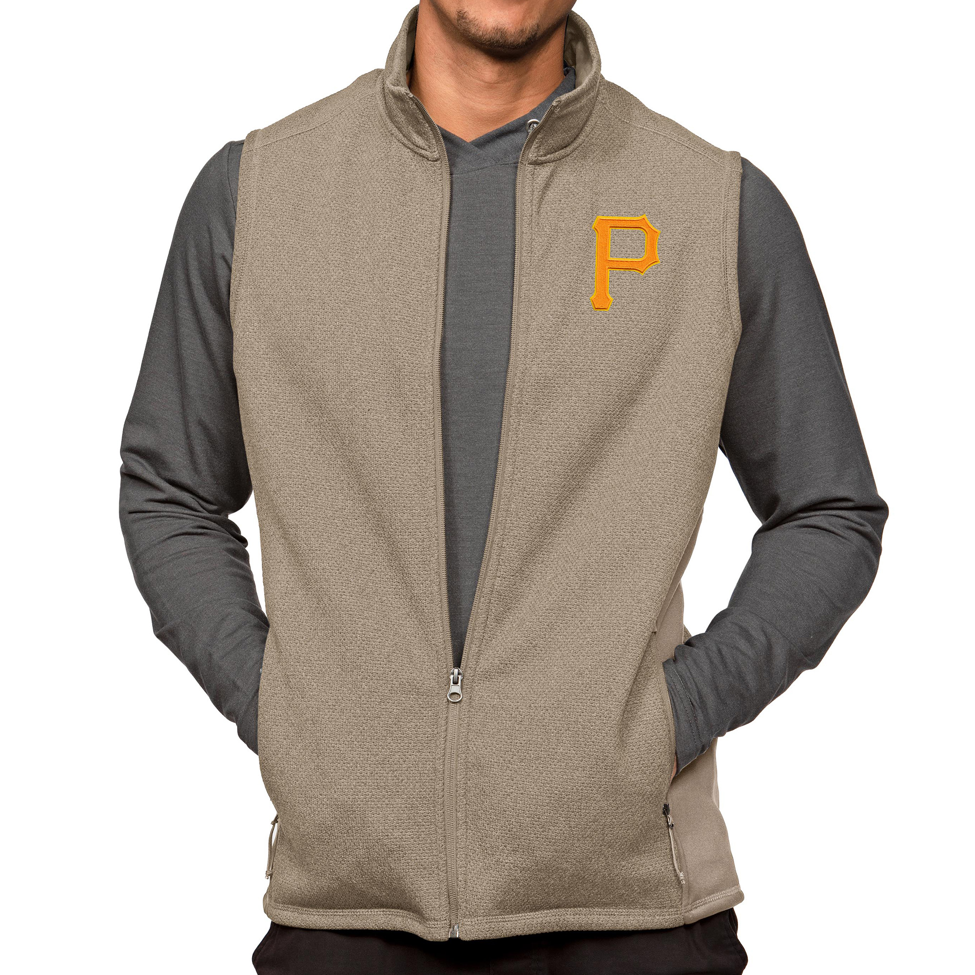 Men's Antigua Oatmeal Pittsburgh Pirates Course Full-Zip Vest