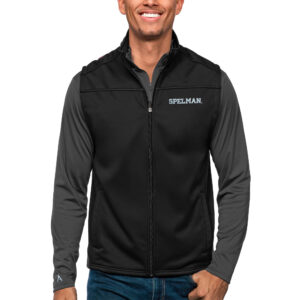 Men's Antigua Black Spelman College Jaguars Links Full-Zip Golf Vest