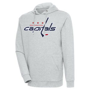 Men's Antigua Heather Gray Washington Capitals Logo Action Chenille Pullover Hoodie