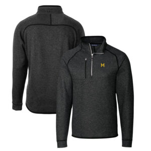 Men's Cutter & Buck Heather Charcoal Michigan Wolverines Mainsail Sweater-Knit Half-Zip Pullover Jacket