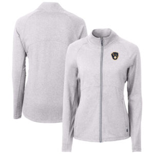 Women's Cutter & Buck  Heather Gray Milwaukee Brewers Adapt Eco Knit Raglan Full-Zip Jacket