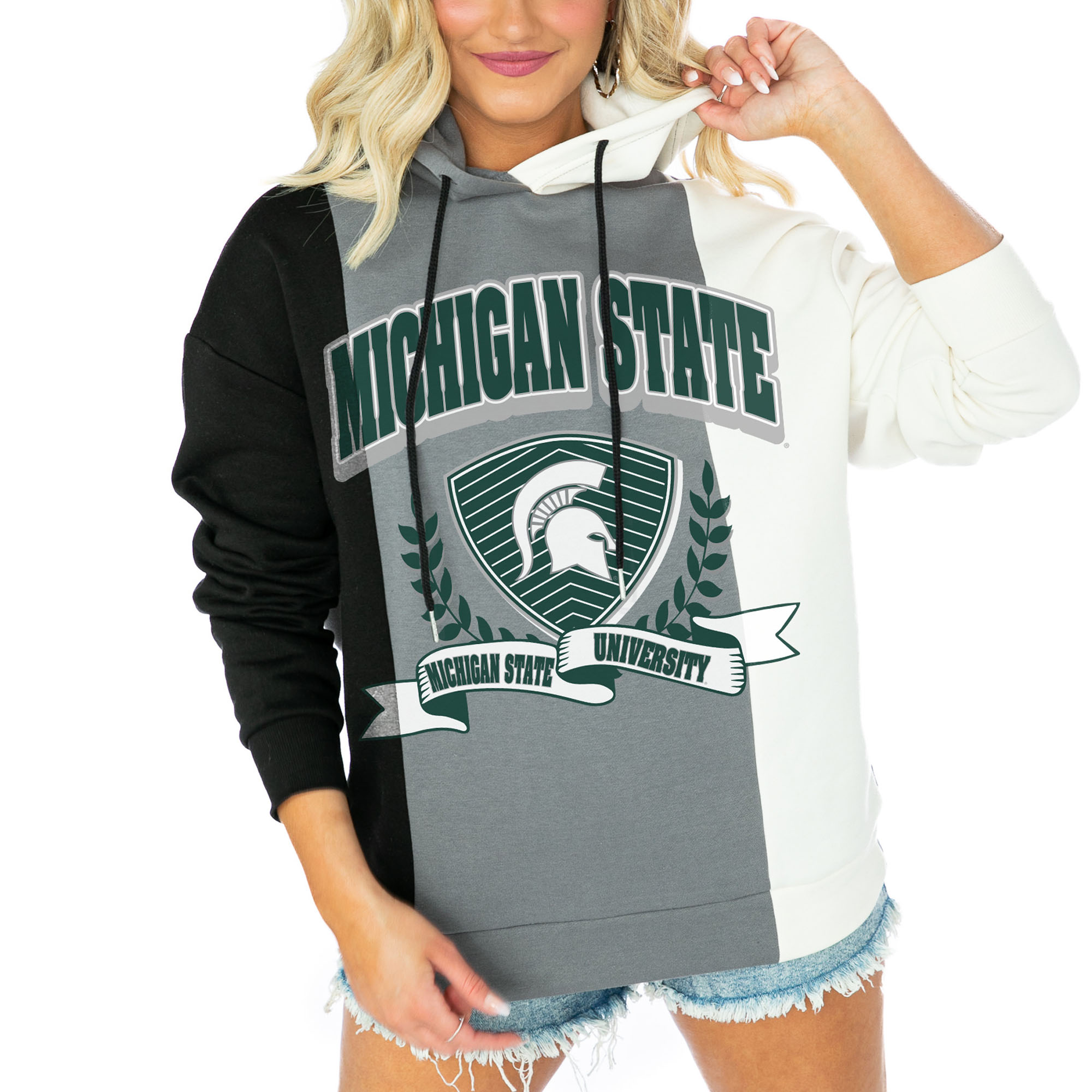 Women's Gameday Couture Black Michigan State Spartans Hall Of Fame Color Block Pullover Hoodie