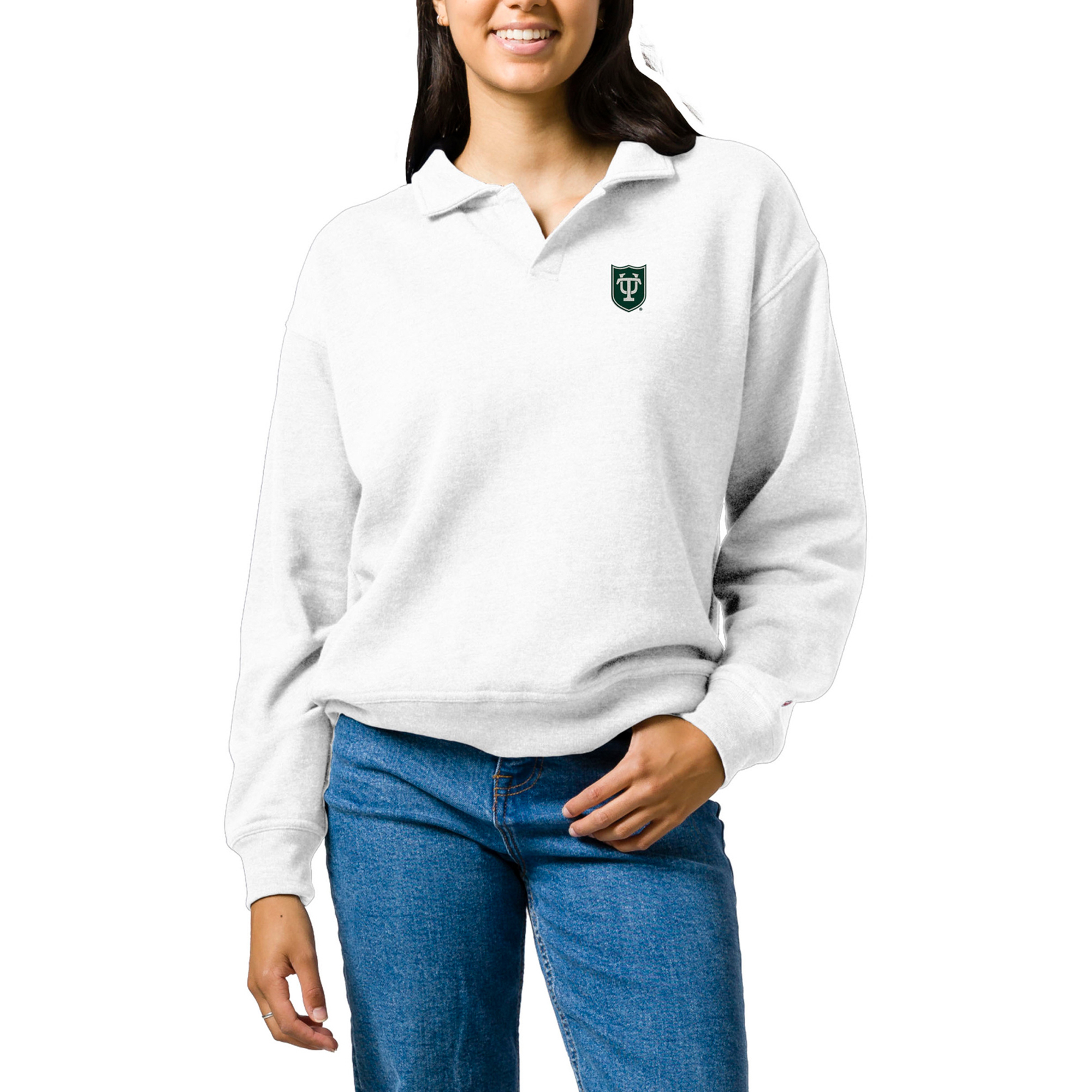Women's League Collegiate Wear White Tulane Green Wave Victory Springs Tri-Blend Collared Pullover Sweatshirt