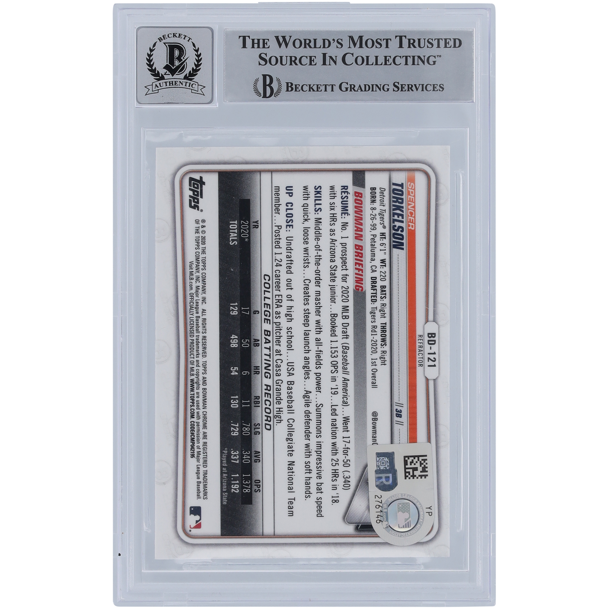 Spencer Torkelson Detroit Tigers Autographed 2020 Bowman Chrome Draft Refractors #BD-121 Beckett Fanatics Witnessed Authenticated 10 Rookie Card - Image 5