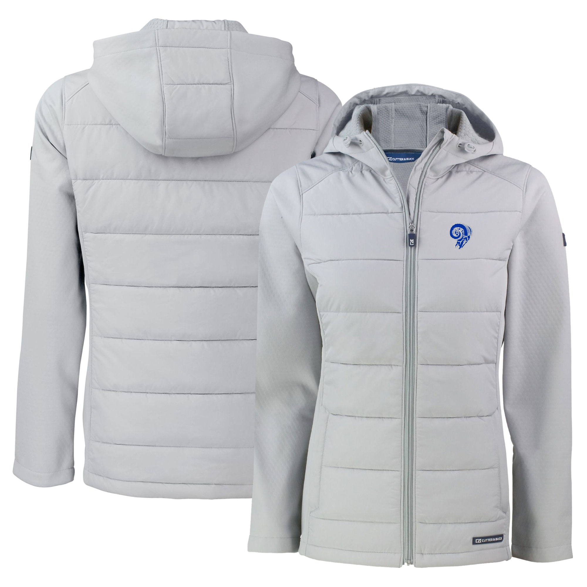 Women's Cutter & Buck Gray Los Angeles Rams Throwback Evoke Hybrid Eco Softshell Recycled Full-Zip Hoodie Jacket