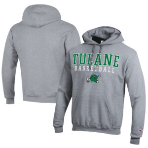 Men's Champion  Gray Tulane Green Wave Stacked Logo Basketball Eco Powerblend Pullover Hoodie