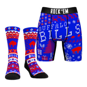 Men's Rock Em Socks Buffalo Bills Retro Throwback Holiday Tacky Sweater Underwear and Crew Socks Combo Pack