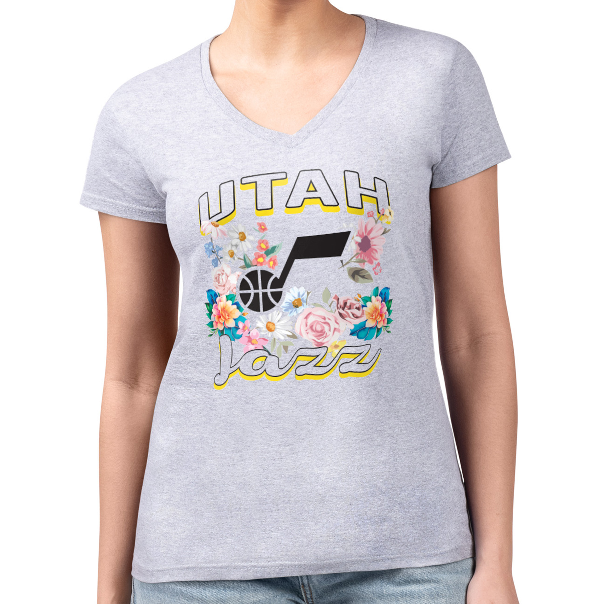 Women's G-III 4Her by Carl Banks Heather Gray Utah Jazz Flowers Team Logo Graphic Fitted V-Neck T-Shirt