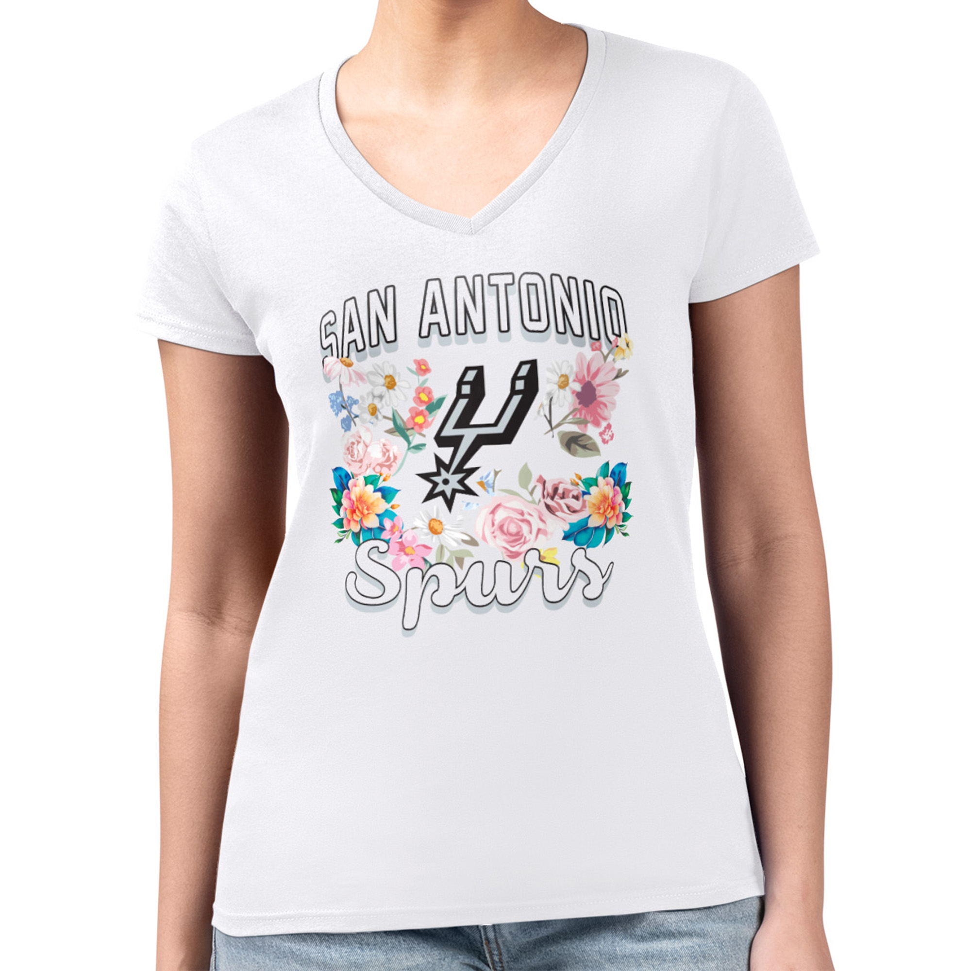 Women's G-III 4Her by Carl Banks White San Antonio Spurs Flowers Team Logo Graphic Fitted V-Neck T-Shirt