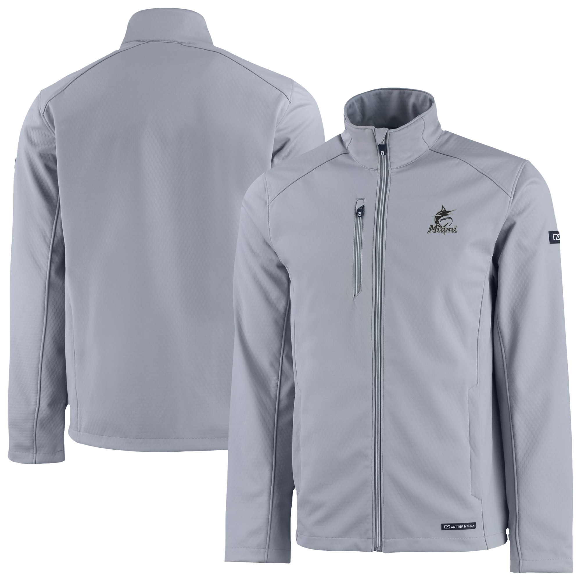 Men's Cutter & Buck Gray Miami Marlins Evoke Eco Softshell Recycled Full-Zip Jacket