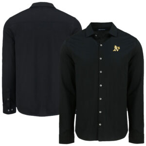 Men's Cutter & Buck Black Athletics Knitted Advantage Tri-Blend Eco Soft Pique Long Sleeve Button-Up Shirt
