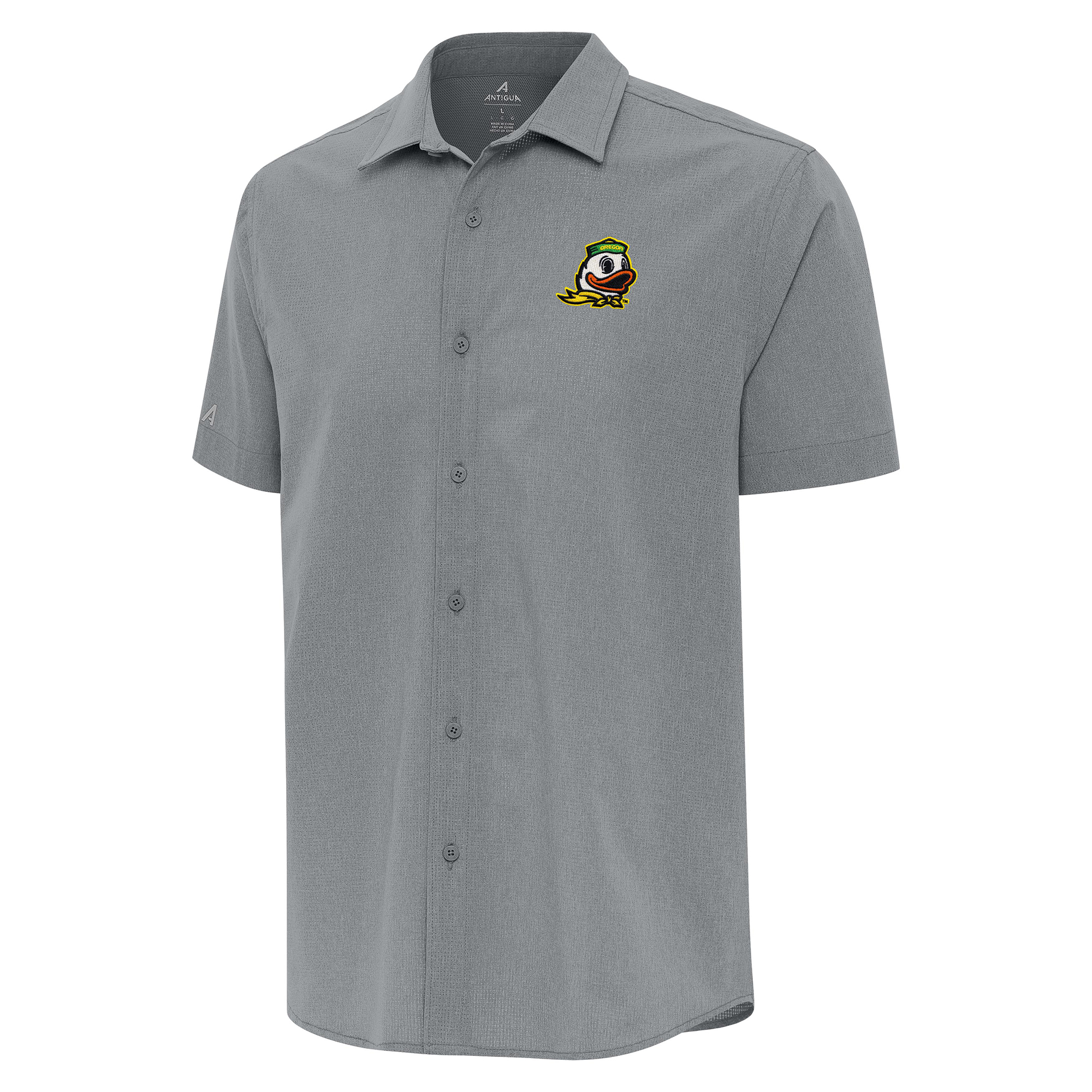 Men's Antigua Gray Oregon Ducks Activate Woven Short Sleeve Button-Down Shirt
