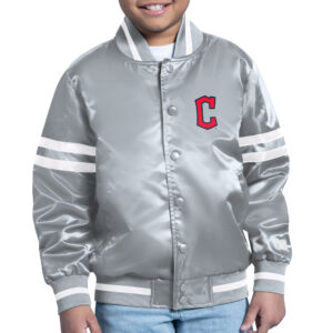 Youth Starter Gray Cleveland Guardians Printed Shield Team Logo Satin Varsity Full-Snap Jacket