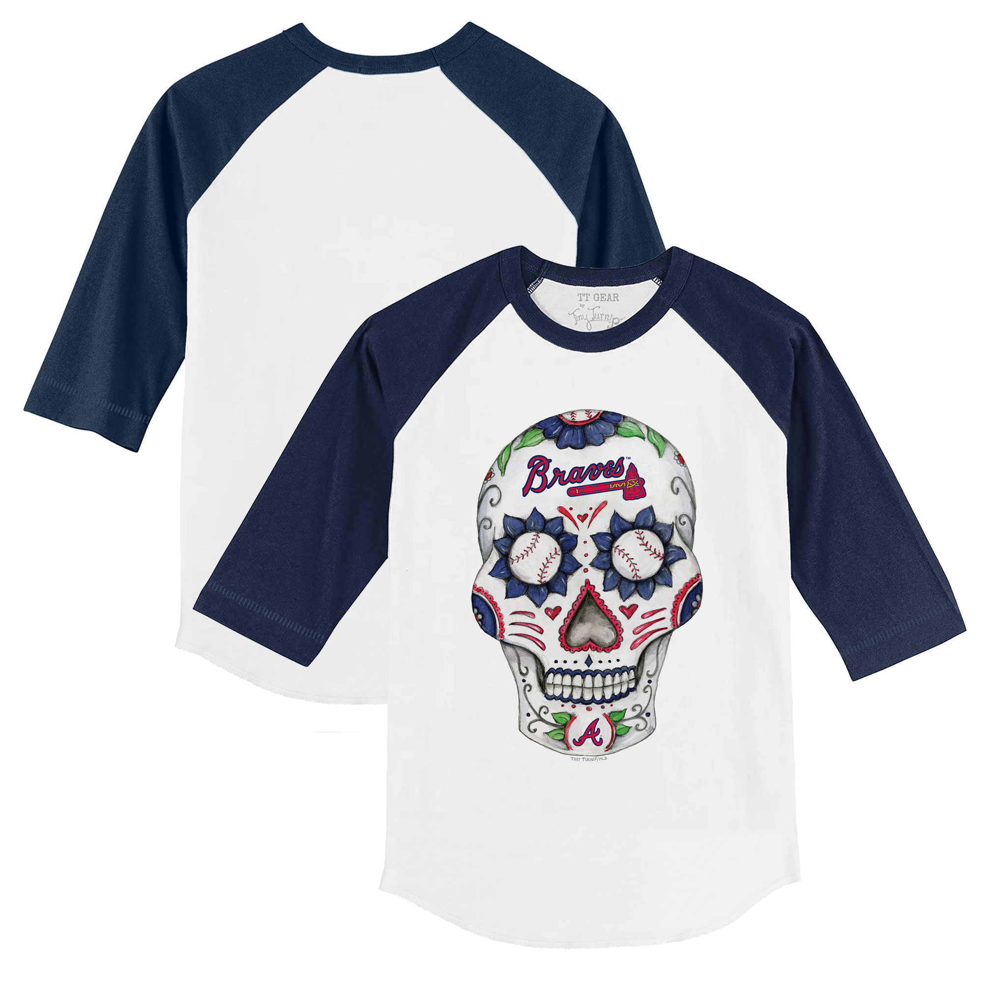 Infant Tiny Turnip White/Navy Atlanta Braves Sugar Skull Raglan 3/4 Sleeve T-Shirt - Image 2