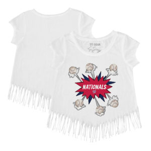 Girls Youth Tiny Turnip White Washington Nationals Baseball Pow Fringe T-Shirt