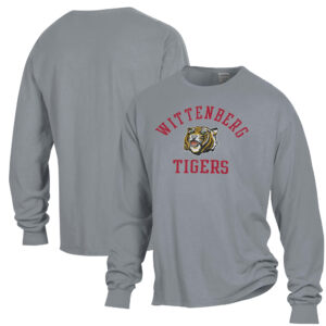 Men's ComfortWash Gray Wittenberg University Tigers Arch Logo Garment Dyed Long Sleeve T-Shirt