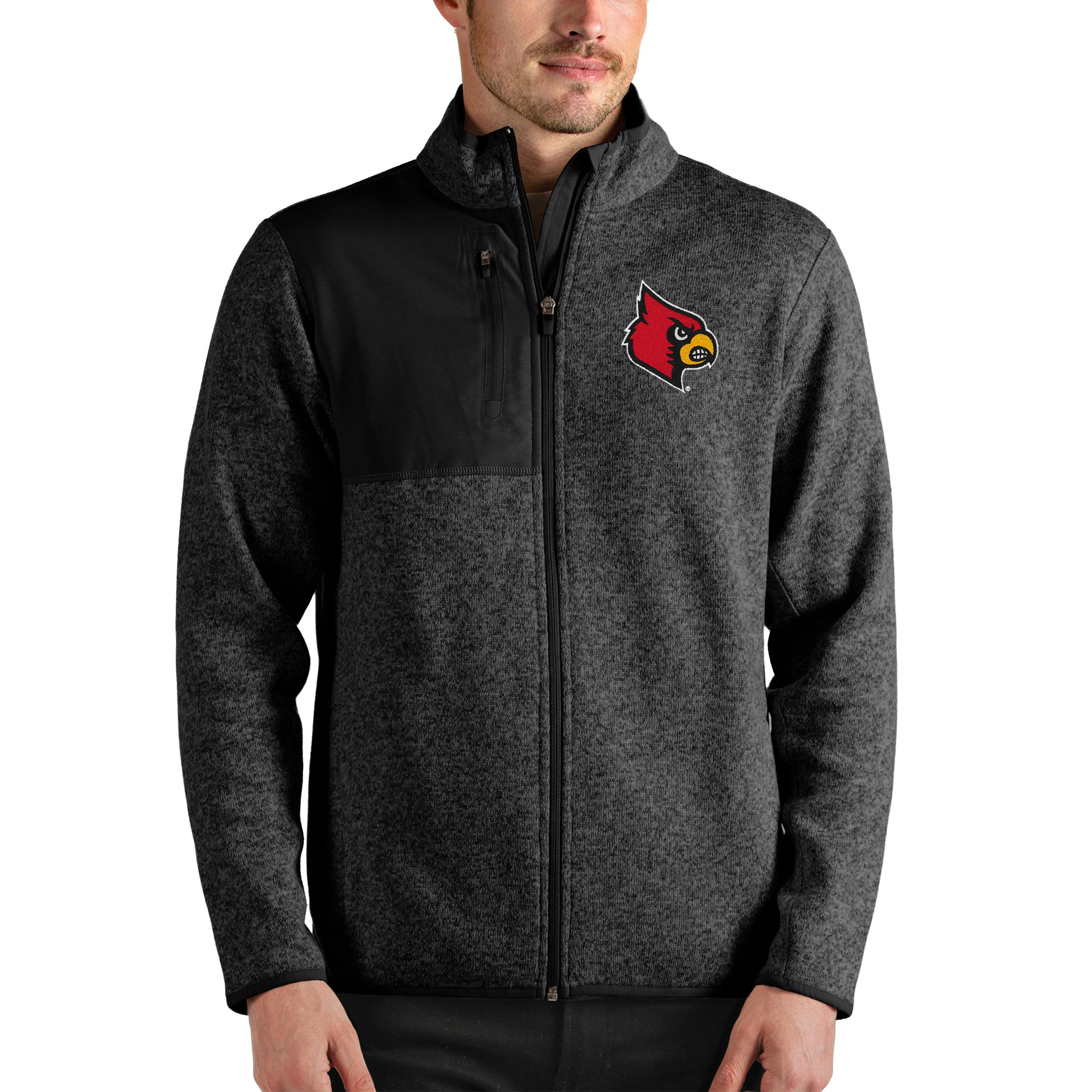 Men's Antigua Heathered Black Louisville Cardinals Fortune Full-Zip Jacket