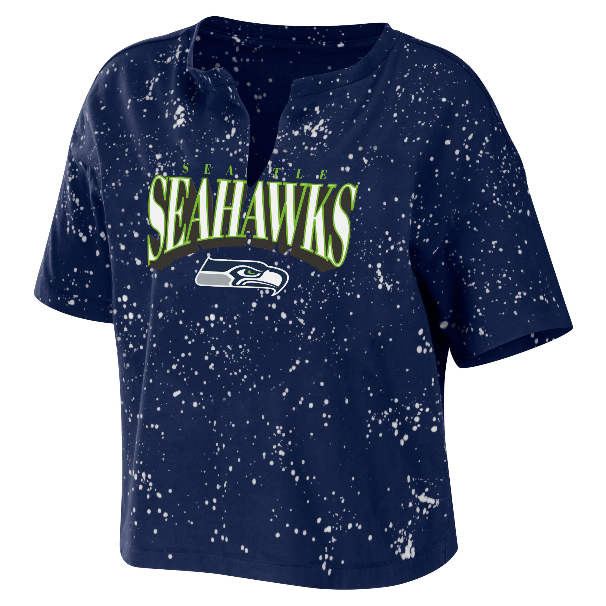 Women's WEAR by Erin Andrews College Navy Seattle Seahawks Bleach Wash Splatter Notch Neck Cropped T-Shirt - Image 3