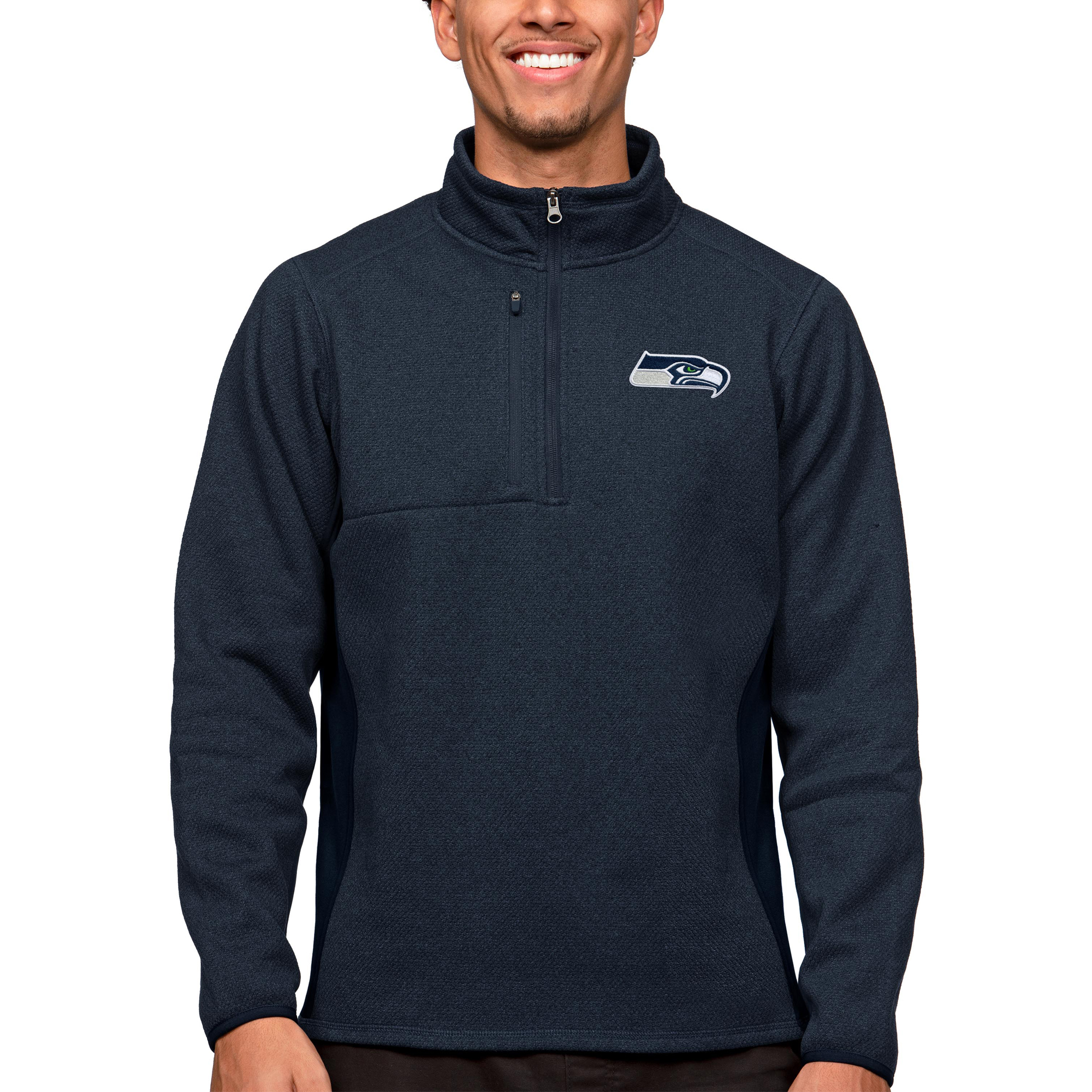 Men's Antigua Heathered Navy Seattle Seahawks Course Quarter-Zip Pullover Top