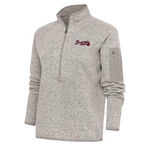 Women's Antigua Oatmeal Atlanta Braves Logo Fortune Quarter-Zip Pullover Jacket