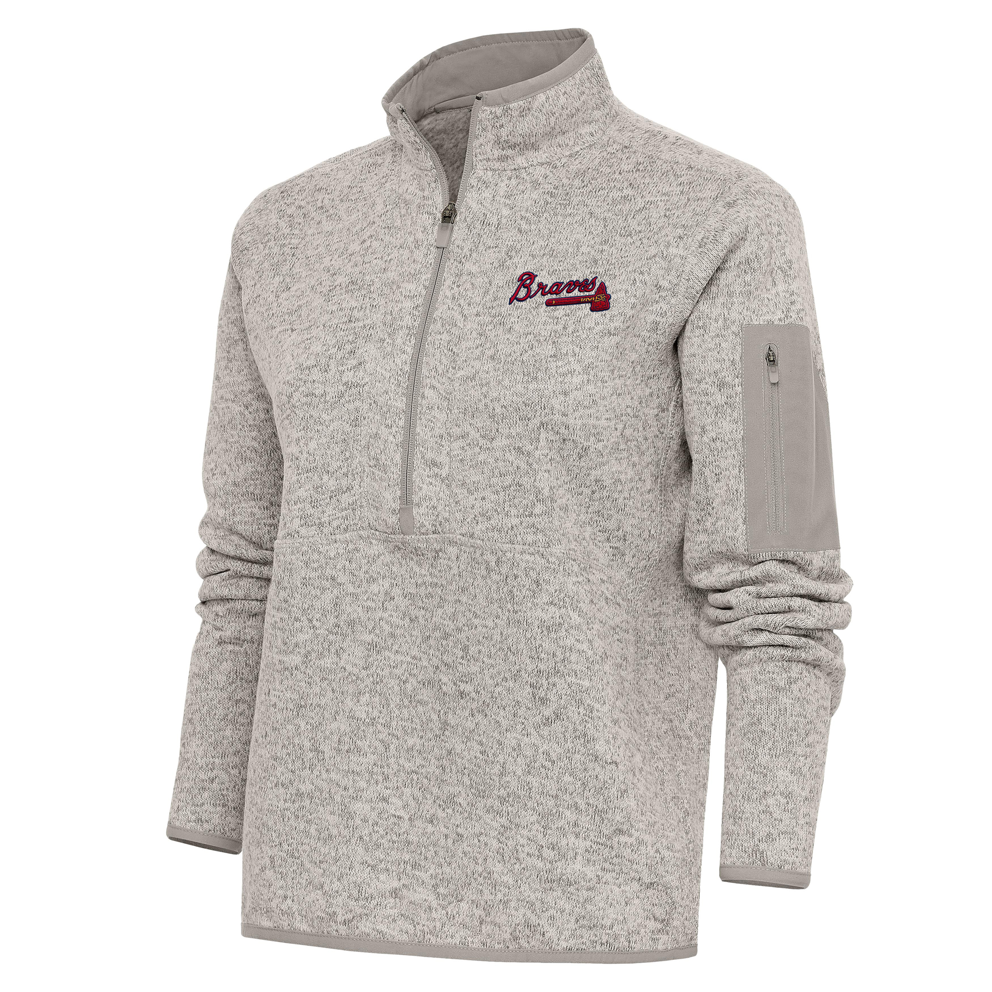 Women's Antigua Oatmeal Atlanta Braves Logo Fortune Quarter-Zip Pullover Jacket