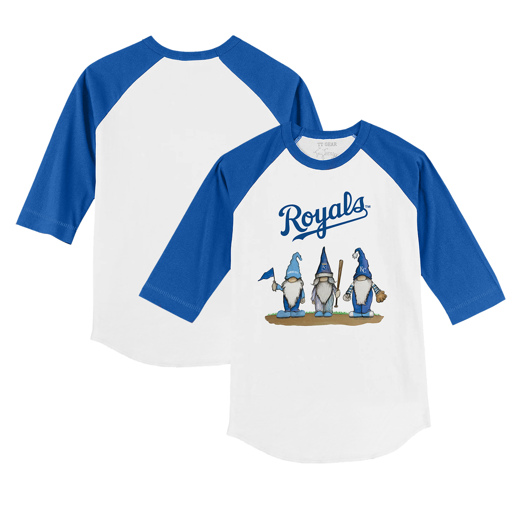 Youth Tiny Turnip White/Royal Kansas City Royals Gnomes 3/4-Sleeve Raglan T-Shirt - Image 5