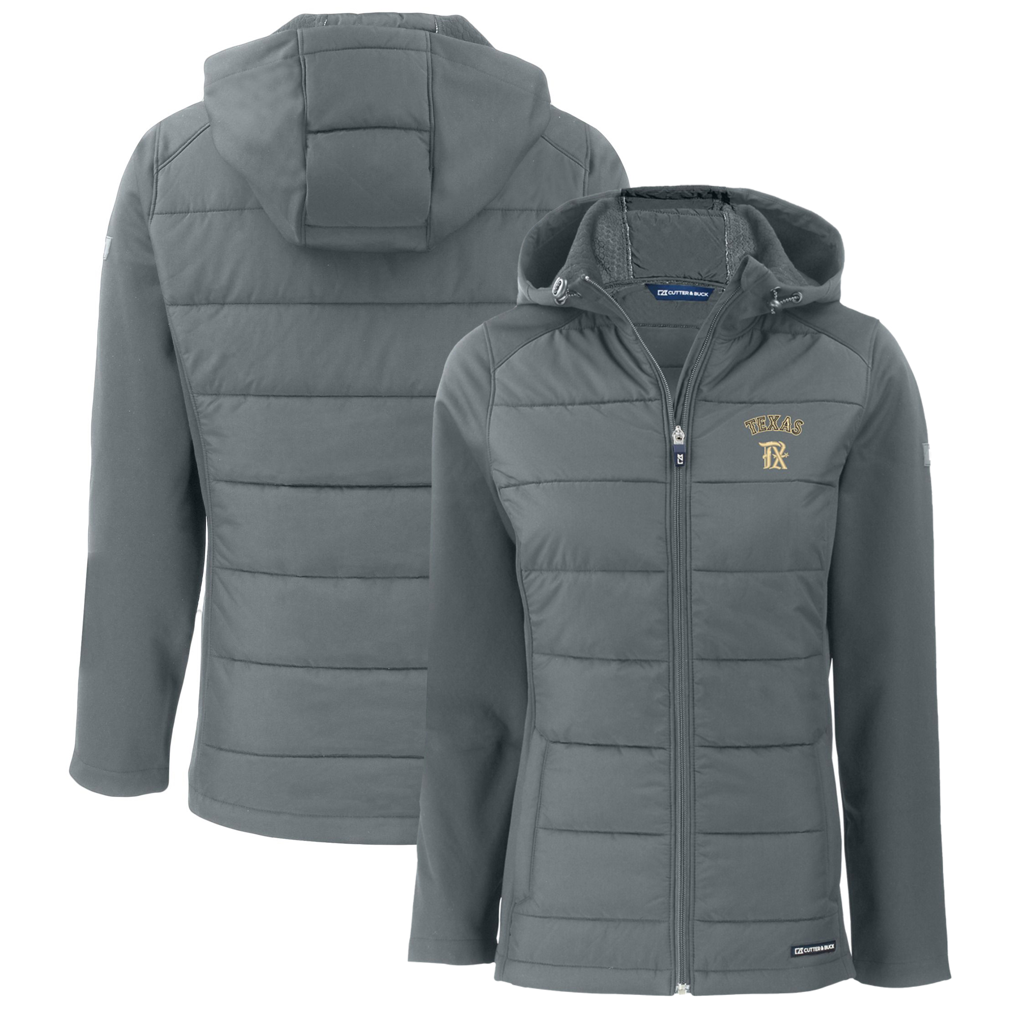 Women's Cutter & Buck Gray Texas Rangers City Connect Evoke Hybrid Eco Softshell Recycled Full-Zip Hooded Jacket