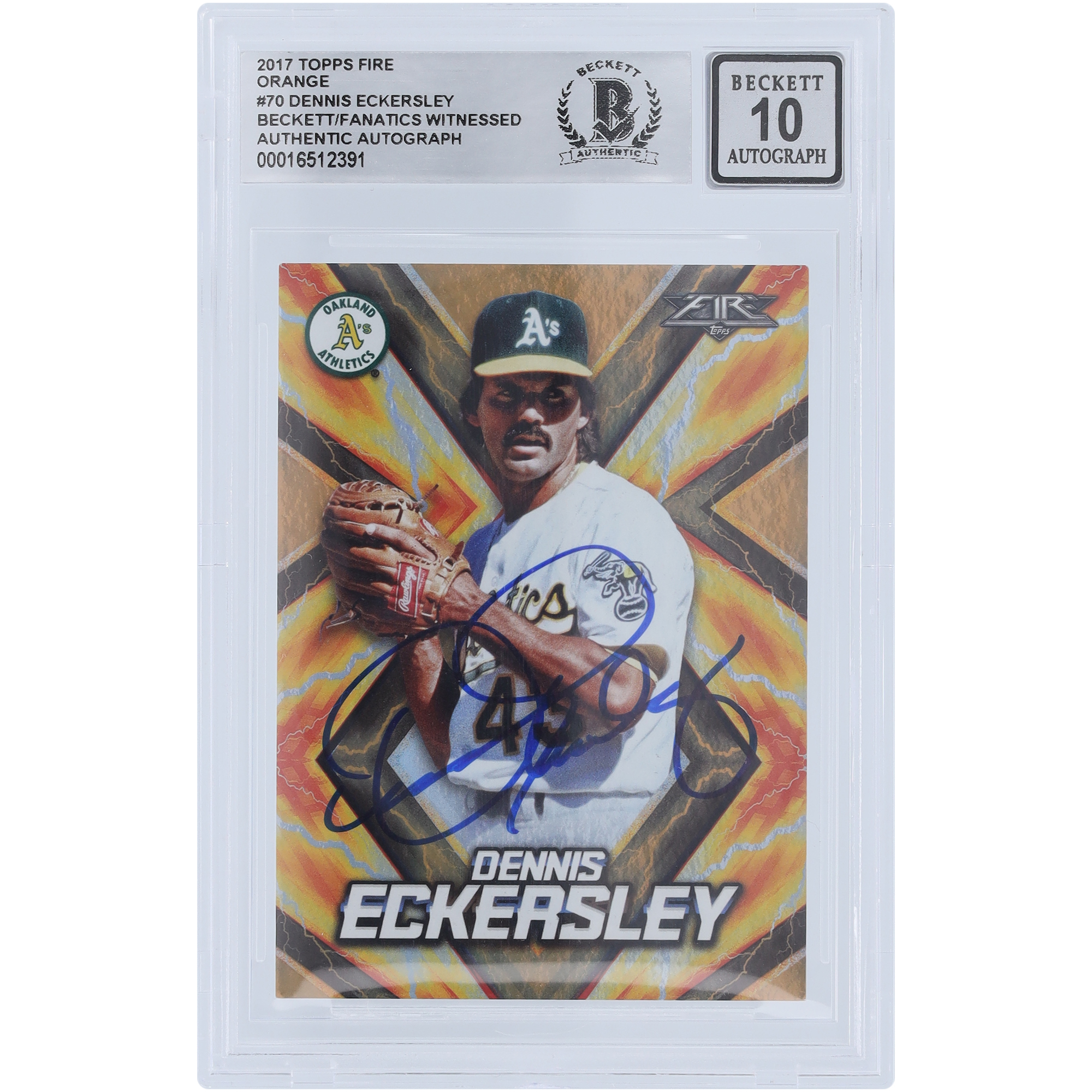 Dennis Eckersley Oakland Athletics Autographed 2017 Topps Fire Orange Variation #70 #/299 Beckett Fanatics Witnessed Authenticated 10 Card