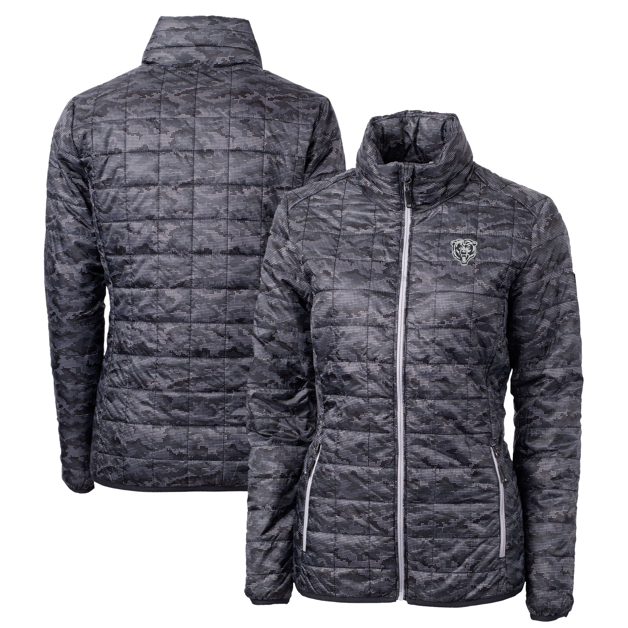 Women's Cutter & Buck Black Chicago Bears Rainier PrimaLoft Eco Insulated Full-Zip Printed Puffer Jacket