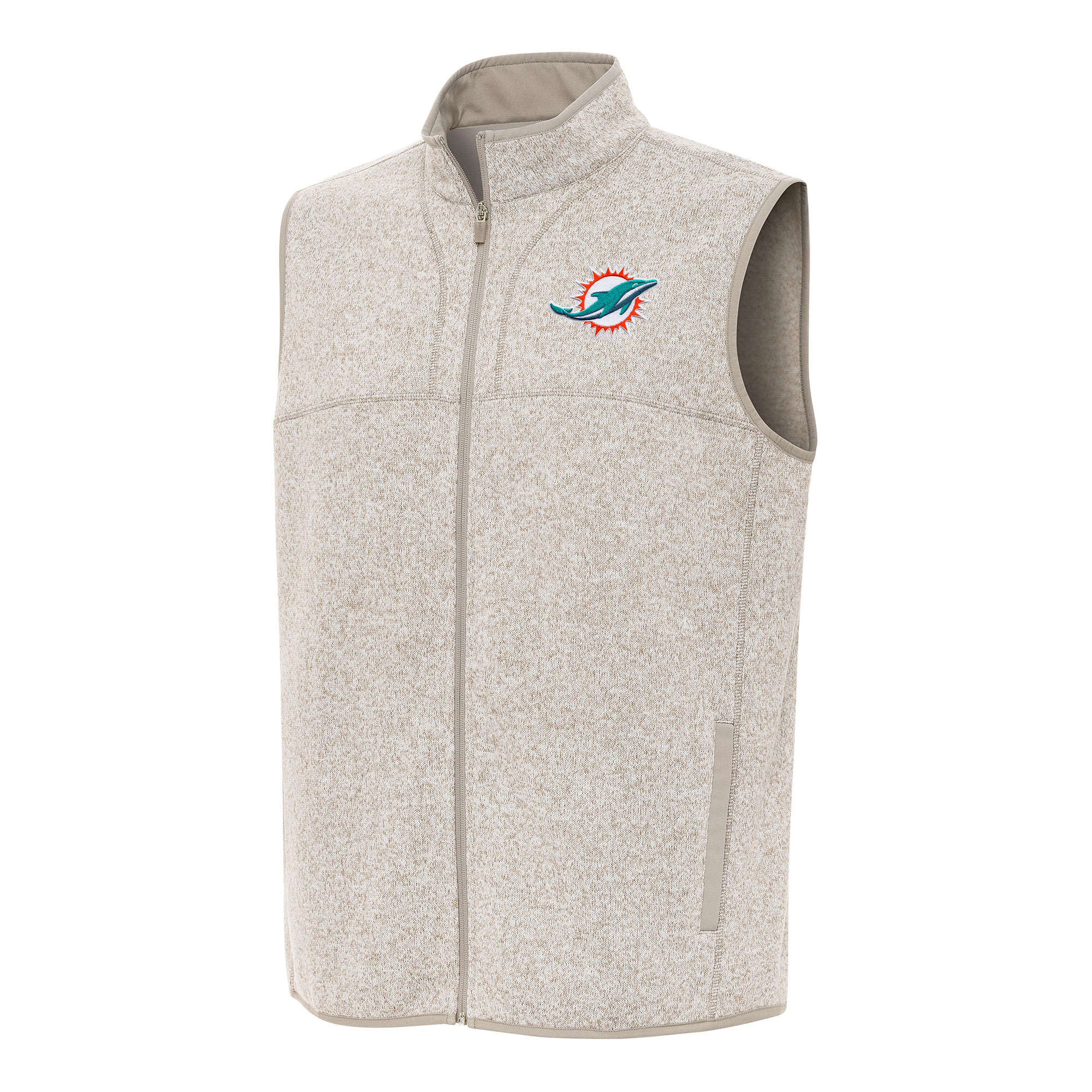 Men's Antigua Oatmeal Miami Dolphins Fortune Full-Zip Vest