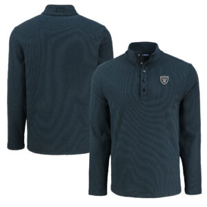 Men's Cutter & Buck Black Las Vegas Raiders Hunts Point Eco Textured Fleece Recycled Half-Snap Sweatshirt