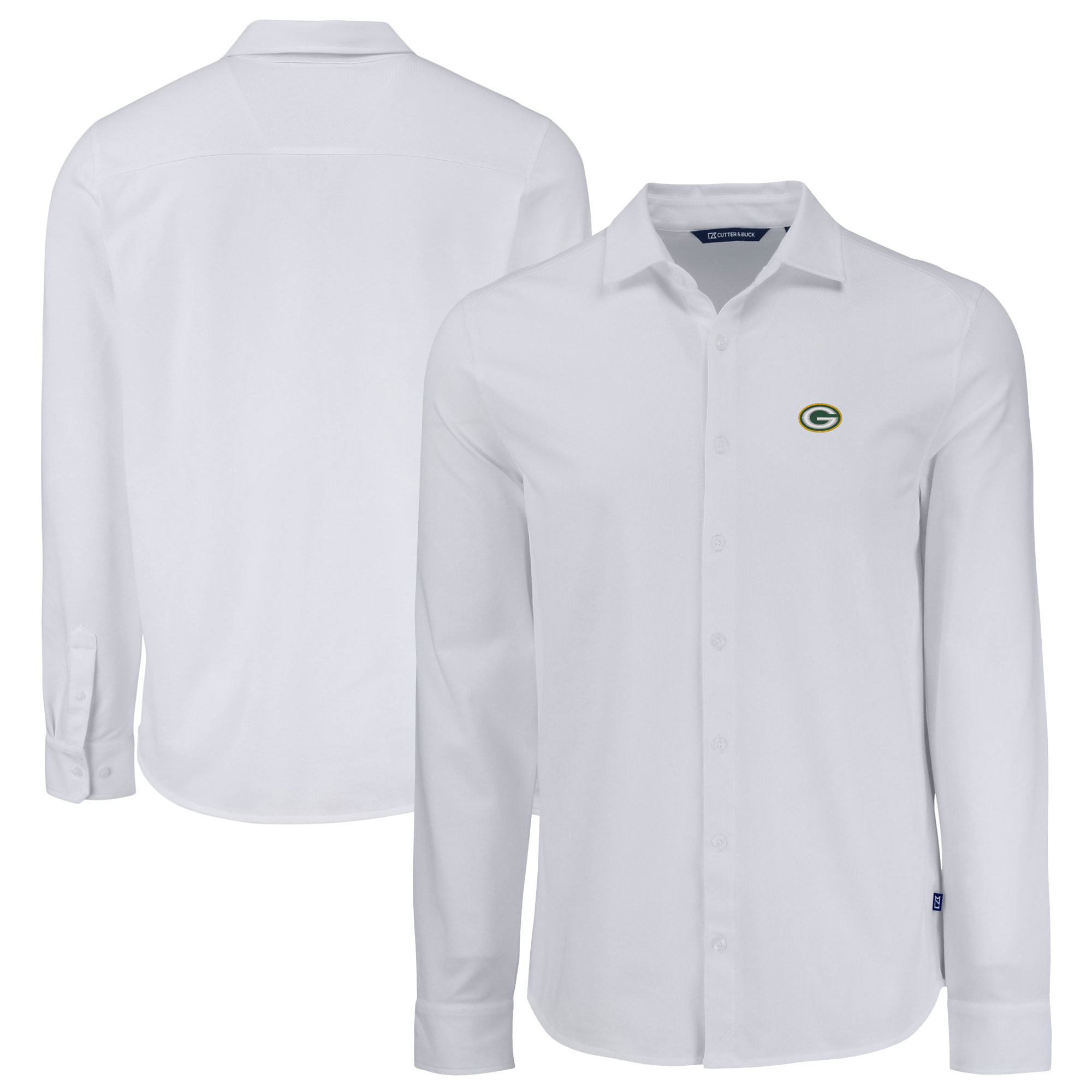 Men's Cutter & Buck White Green Bay Packers Knitted Advantage Tri-Blend Eco Soft Pique Long Sleeve Button-Up Shirt