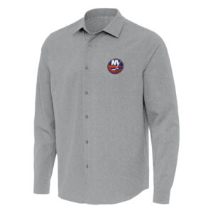 Men's Antigua Gray New York Islanders Exposure Woven Long Sleeve Button-Up Shirt
