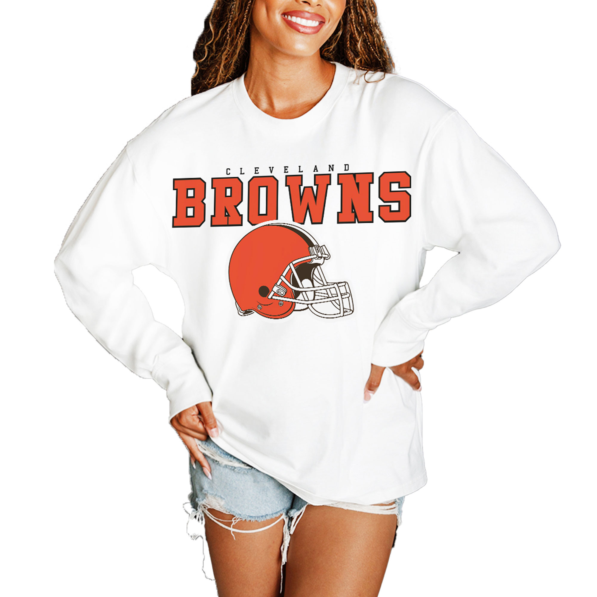 Women's Gameday Couture White Cleveland Browns Big Goals Oversized Long Sleeve T-Shirt