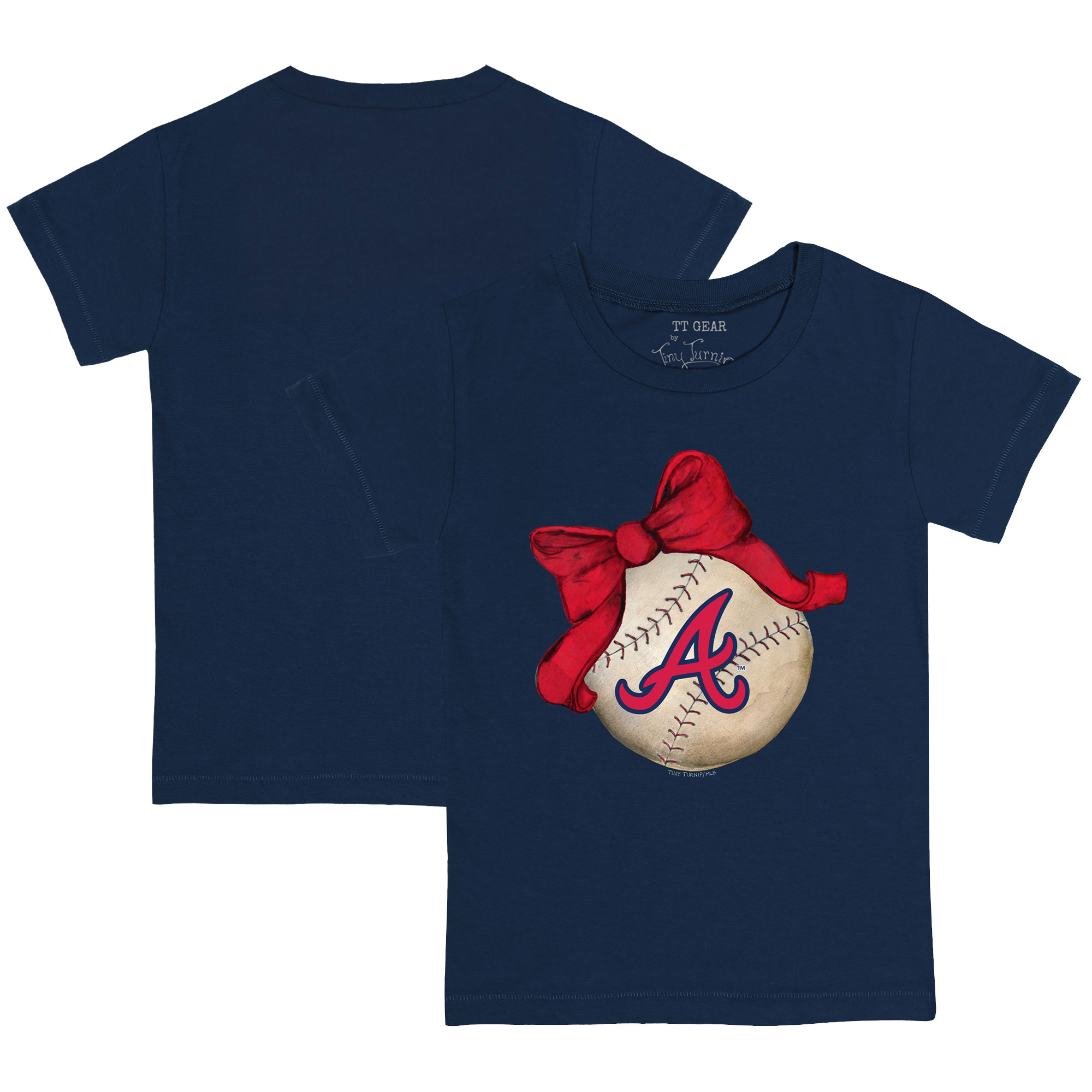 Youth Tiny Turnip Navy Atlanta Braves Baseball Bow T-Shirt - Image 2