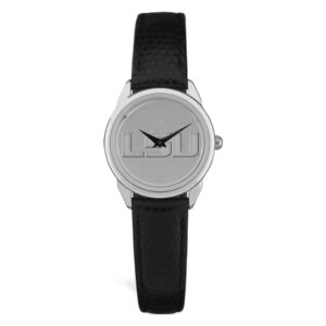Women's LSU Tigers Silver Medallion Black Leather Wristwatch