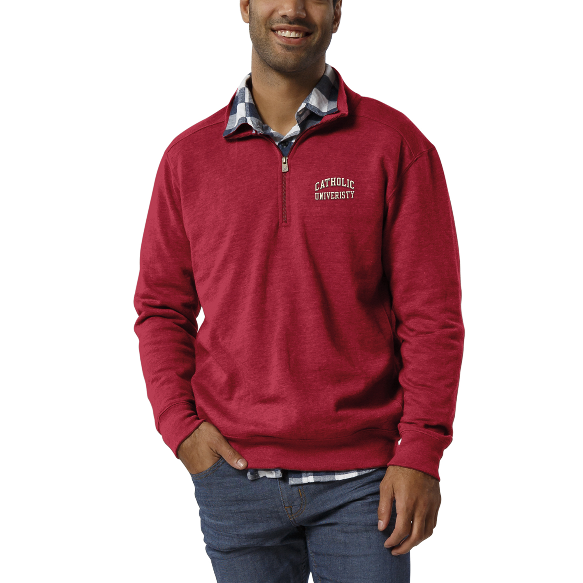 Men's League Collegiate Wear Heathered Cardinal Catholic University Cardinals Heritage Quarter-Zip Pullover Jacket