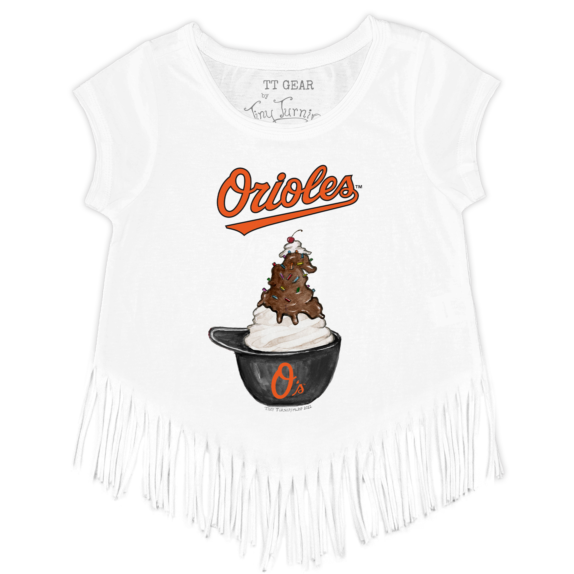 Girls Youth Tiny Turnip White Baltimore Orioles Sundae Helmet Fringe T-Shirt