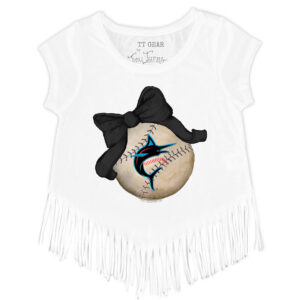 Girls Youth Tiny Turnip White Miami Marlins Baseball Bow Fringe T-Shirt