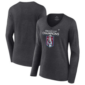 Women's Fanatics Heathered Charcoal Colorado Avalanche 2022 Stanley Cup Champions Locker Room V-Neck Long Sleeve T-Shirt