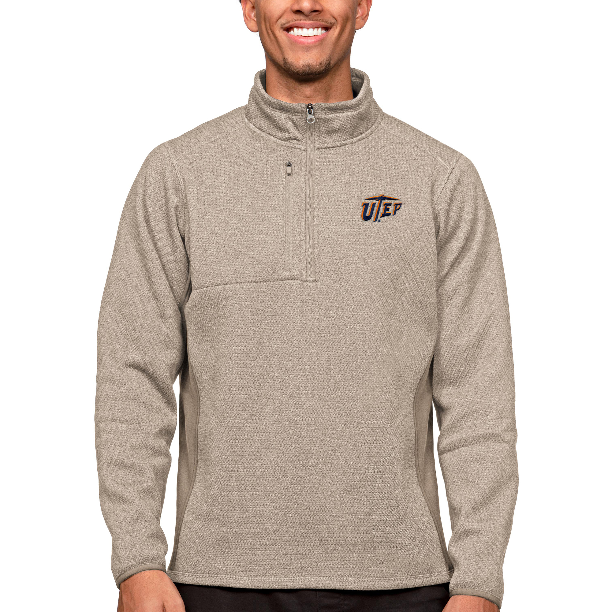 Men's Antigua Oatmeal UTEP Miners Course Quarter-Zip Pullover Top