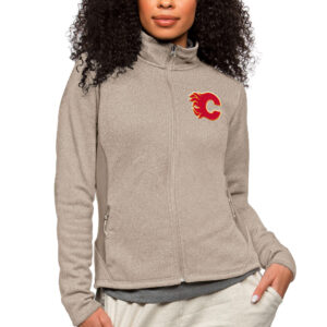 Women's Antigua Oatmeal Calgary Flames Primary Logo Course Full-Zip Jacket