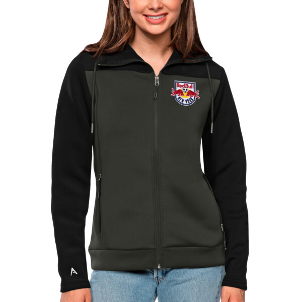 Women's Antigua Black/Gray New York Red Bulls Protect Full-Zip Hoodie