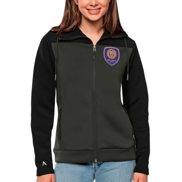 Women's Antigua Black/Gray Orlando City SC Protect Full-Zip Hoodie