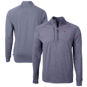 Men's Cutter & Buck Heather Navy Chicago Cubs Adapt Eco Knit Stretch Recycled Quarter-Zip Pullover Top