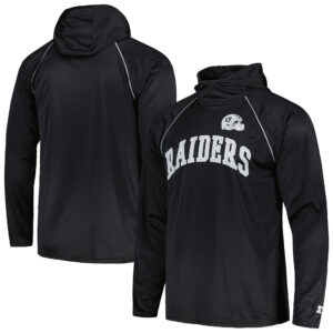 Men's Starter Black Las Vegas Raiders Gridiron Classics Throwback Raglan Long Sleeve Hooded T-Shirt