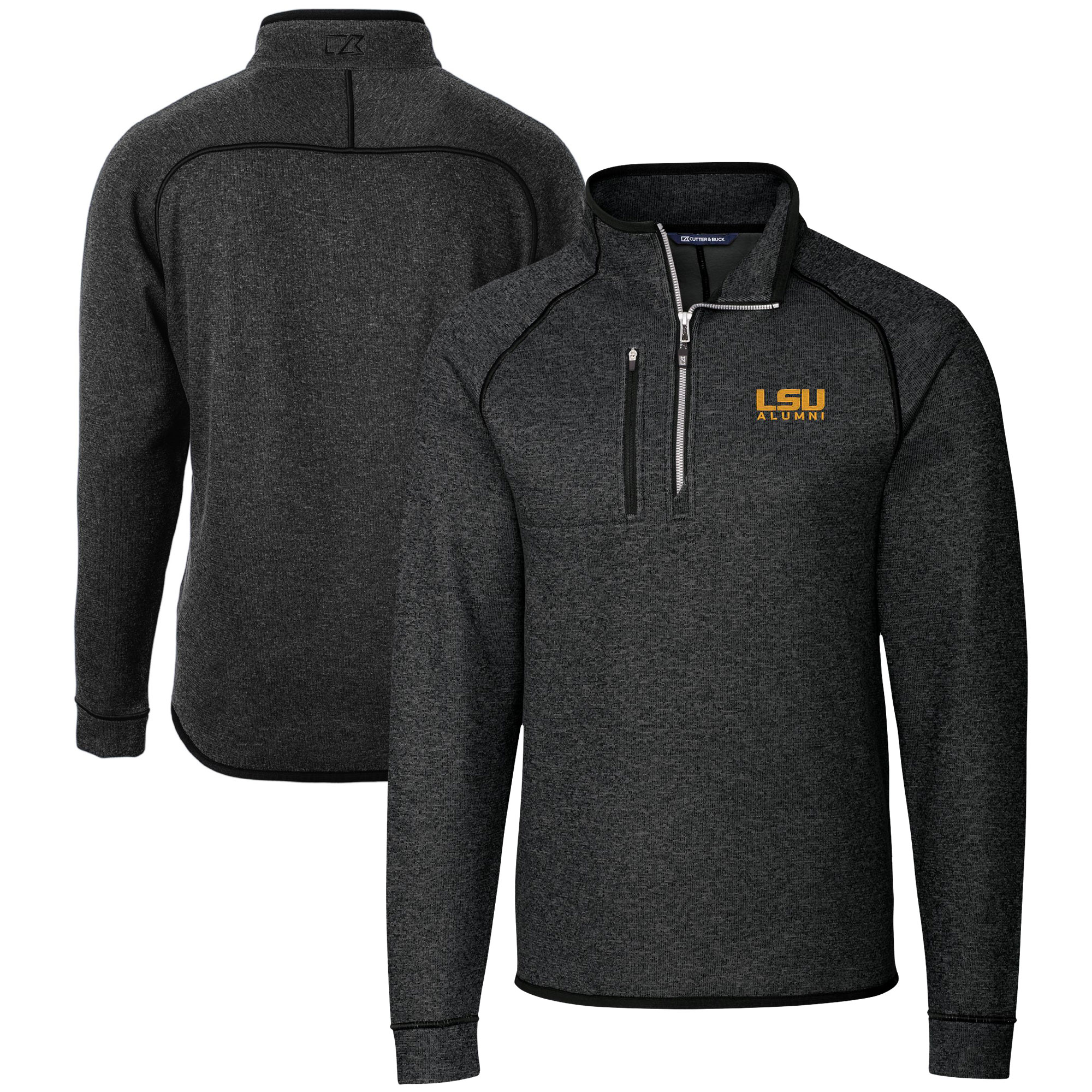 Men's Cutter & Buck Heather Charcoal LSU Tigers Alumni Logo Mainsail Sweater-Knit Half-Zip Pullover Jacket
