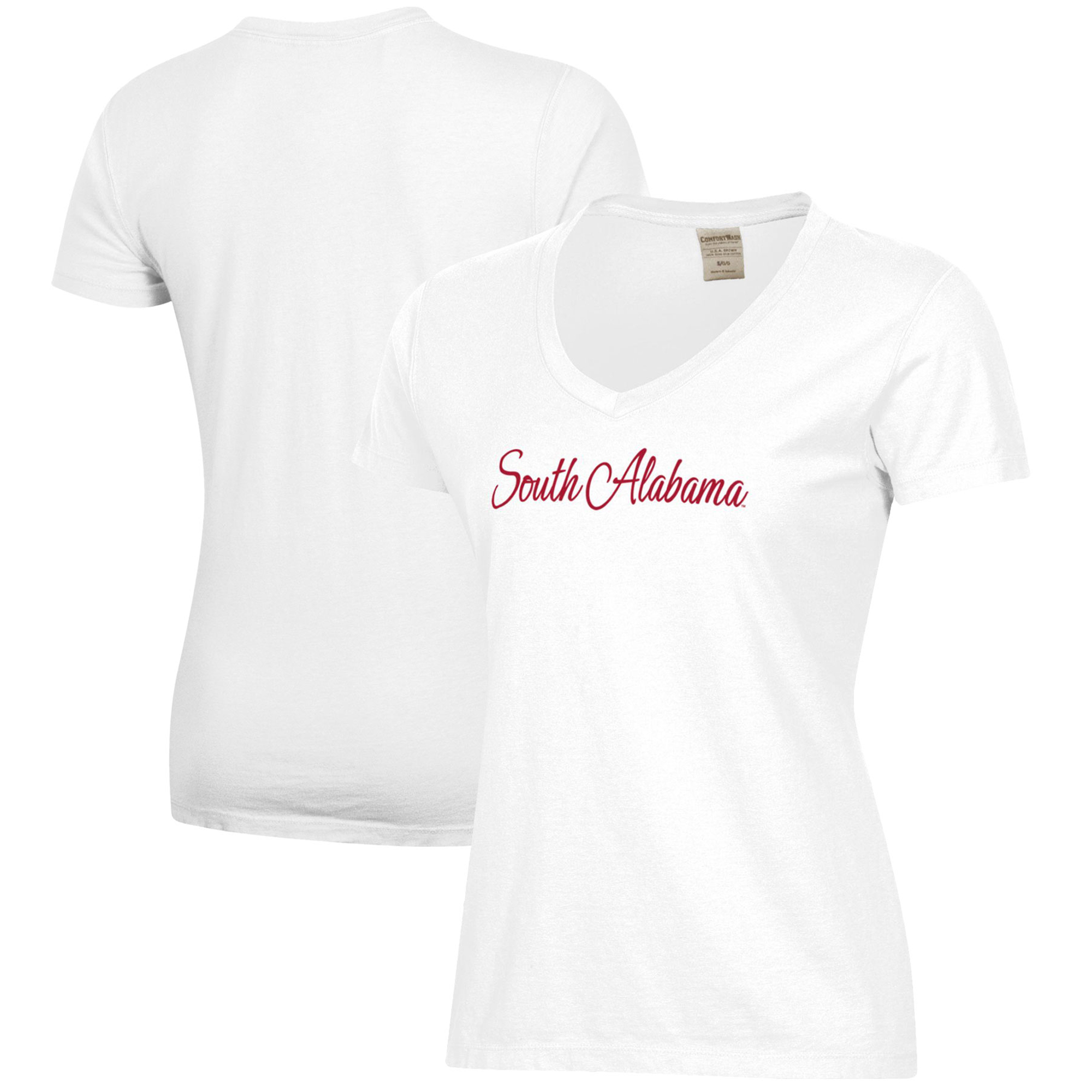 Women's White South Alabama Jaguars Script Logo Comfort Wash V-Neck T-Shirt