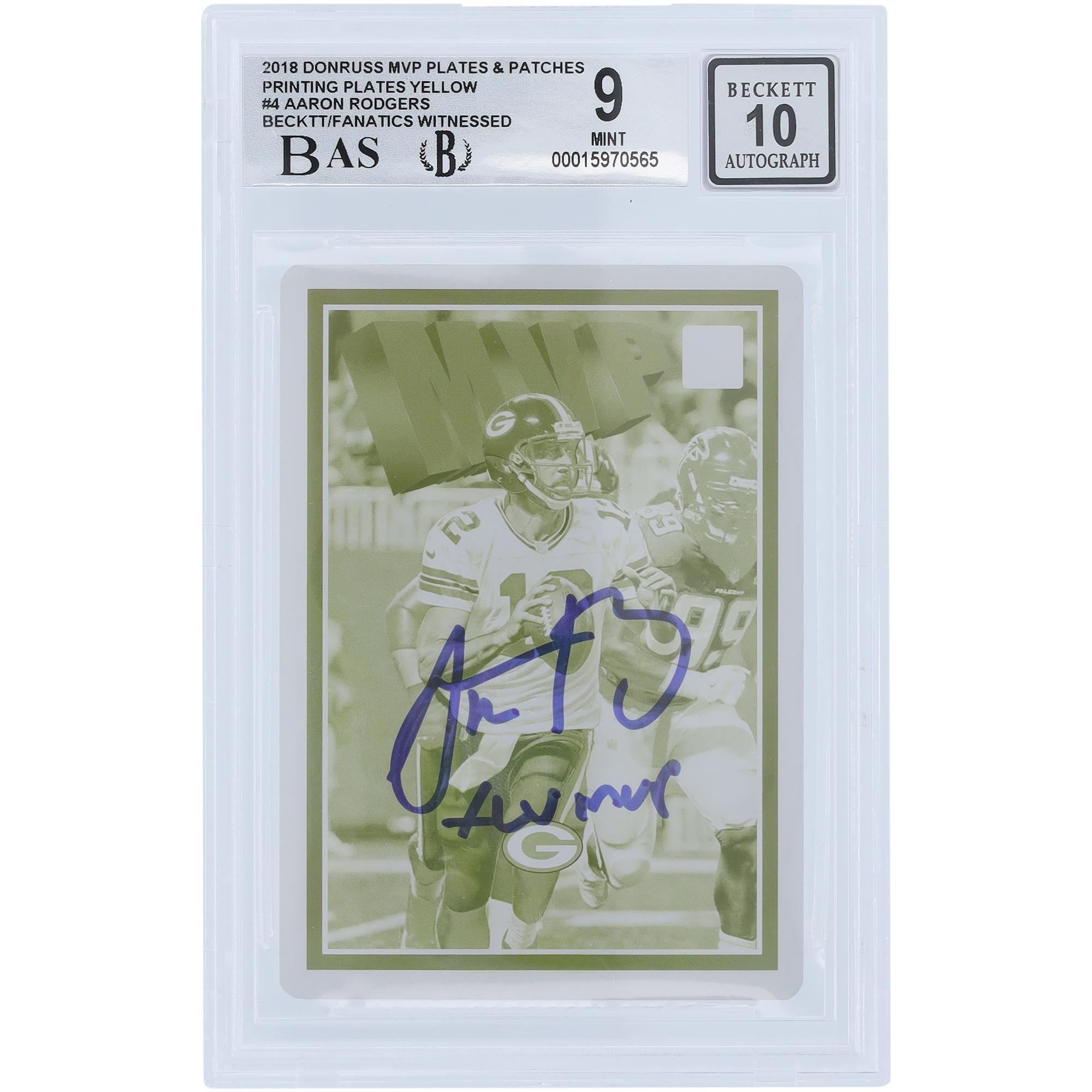 Aaron Rodgers Green Bay Packers Autographed 2018 Panini Donruss Plates & Patches Printing Plate #MVP-4 #1/1 Beckett Fanatics Witnessed Authenticated 9/10 Card with "XLV MVP" Inscription - 9,8.5,10,9 Subgrades