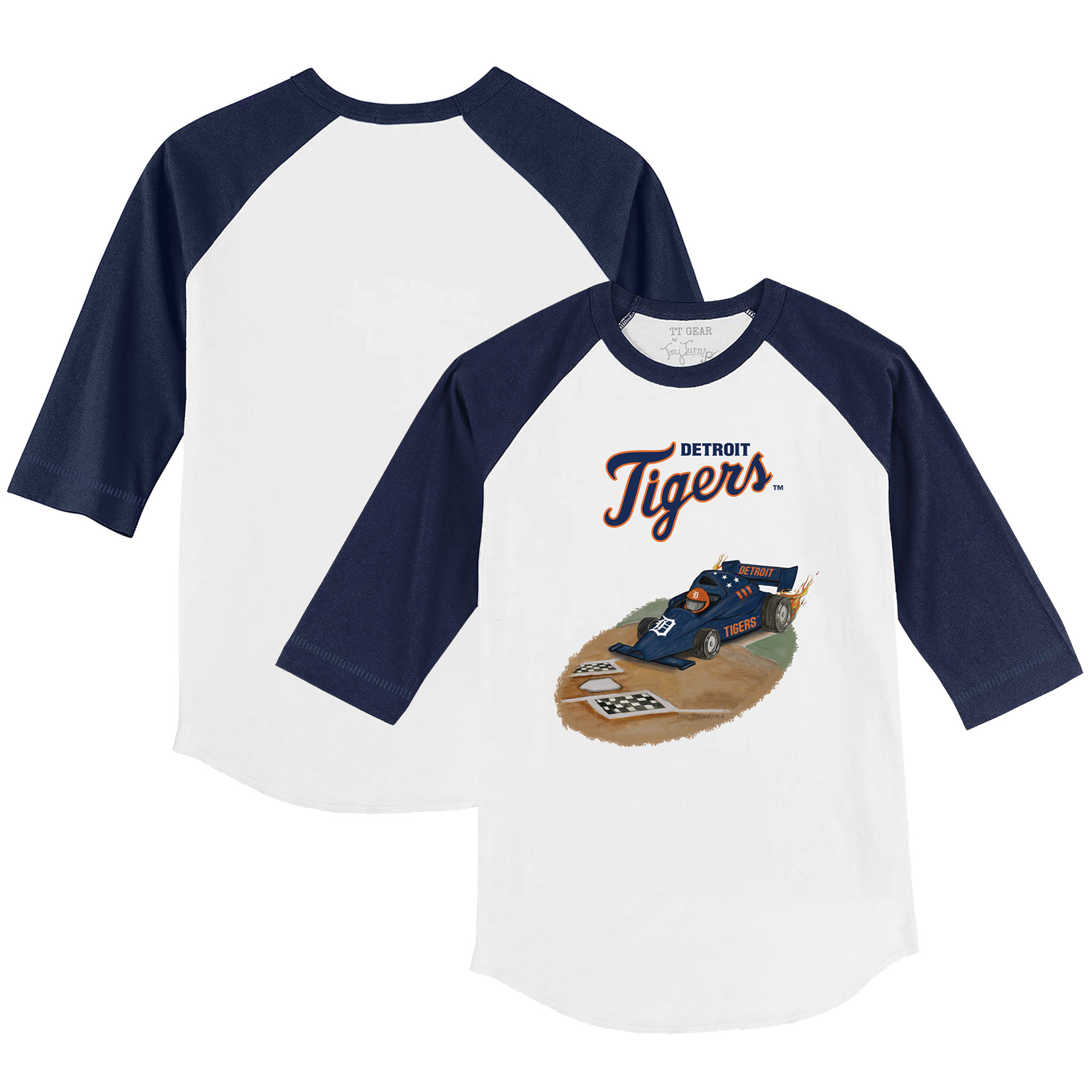 Toddler Tiny Turnip White/Navy Detroit Tigers Race Car 3/4-Sleeve Raglan T-Shirt